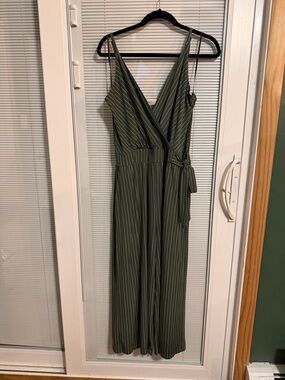 Kaileigh Olive Green Pinstripe Wrap Jumpsuit